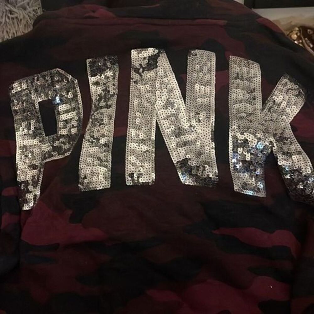 Pink Vs camouflage red bling sequin Sherpa Hoodie hooded sweatshirt jacket Large - Picture 4 of 7